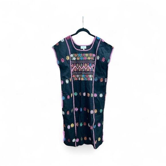 Mi Golondrina Black multicolor Shift Kaftan Huipil Tunic Dress Size Medium - Picture 1 of 6